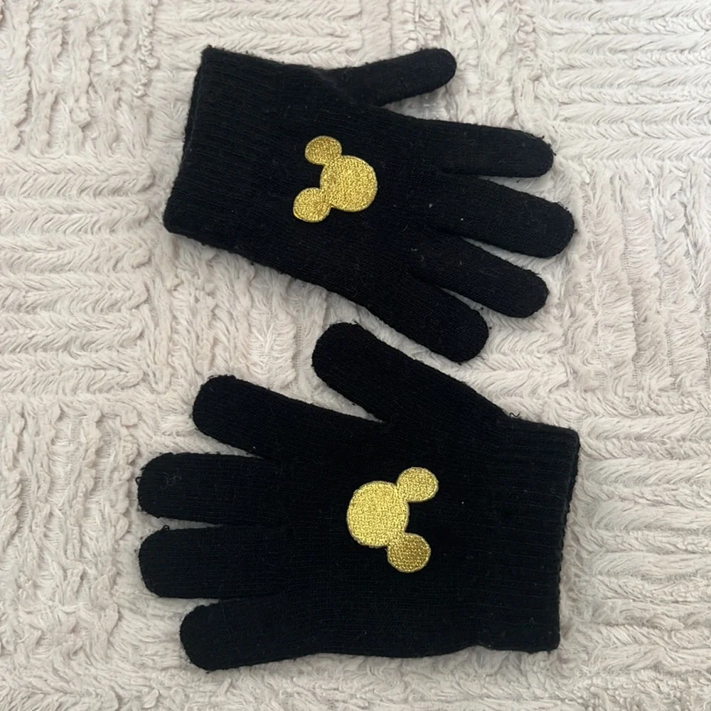 Black stretch knit gloves with gold color embroidered Mickey Mouse One size